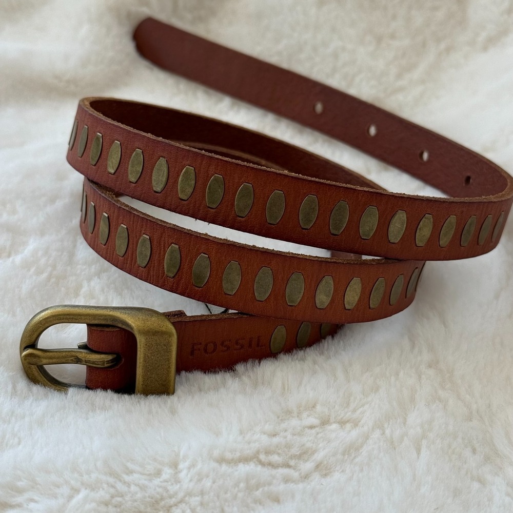 Fossil Women's Brown Leather Brass Tone Studded Belt. Size Small